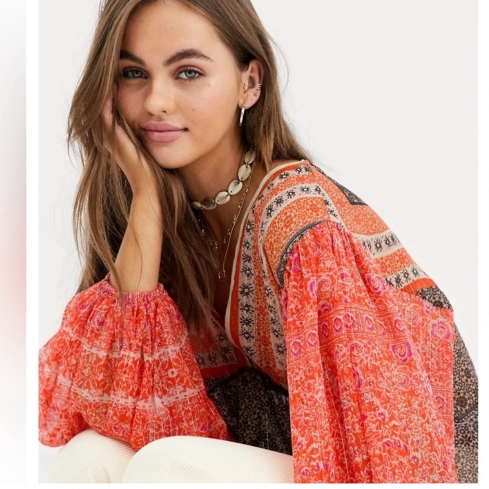 NWOT Free People Aliyah Orange Brown Gold Metallic Printed Boho Tunic Top Medium - Picture 7 of 15